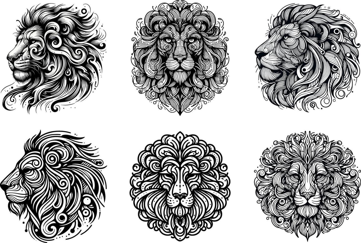 Wild Lion Head Tattoo Collection Illustrations Predator Face Abstract black and white Lineart Sketches vector