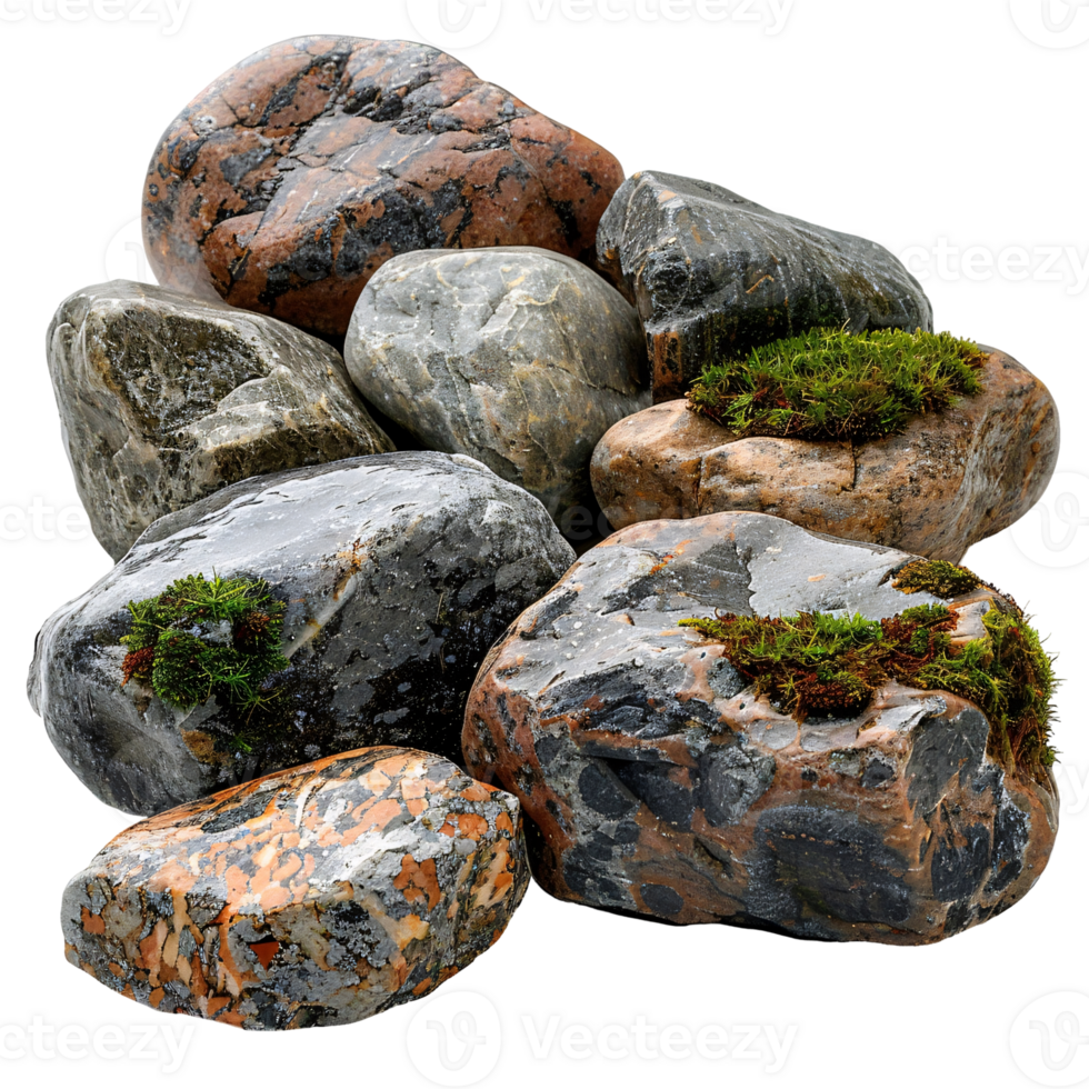 A bunch of rocks with a green moss growing on top of them png