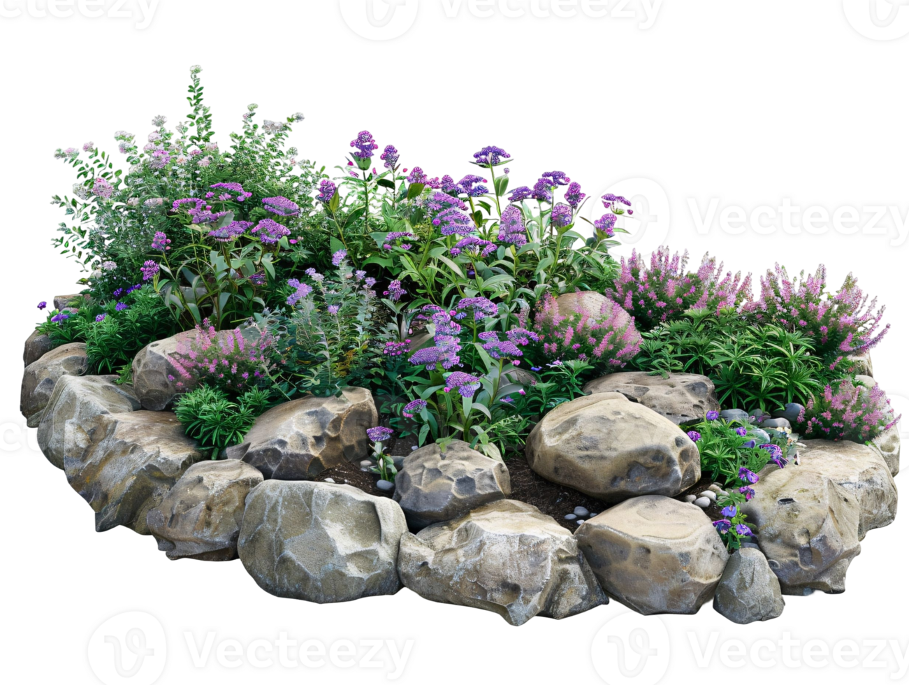 A colorful flower garden with a rock border png