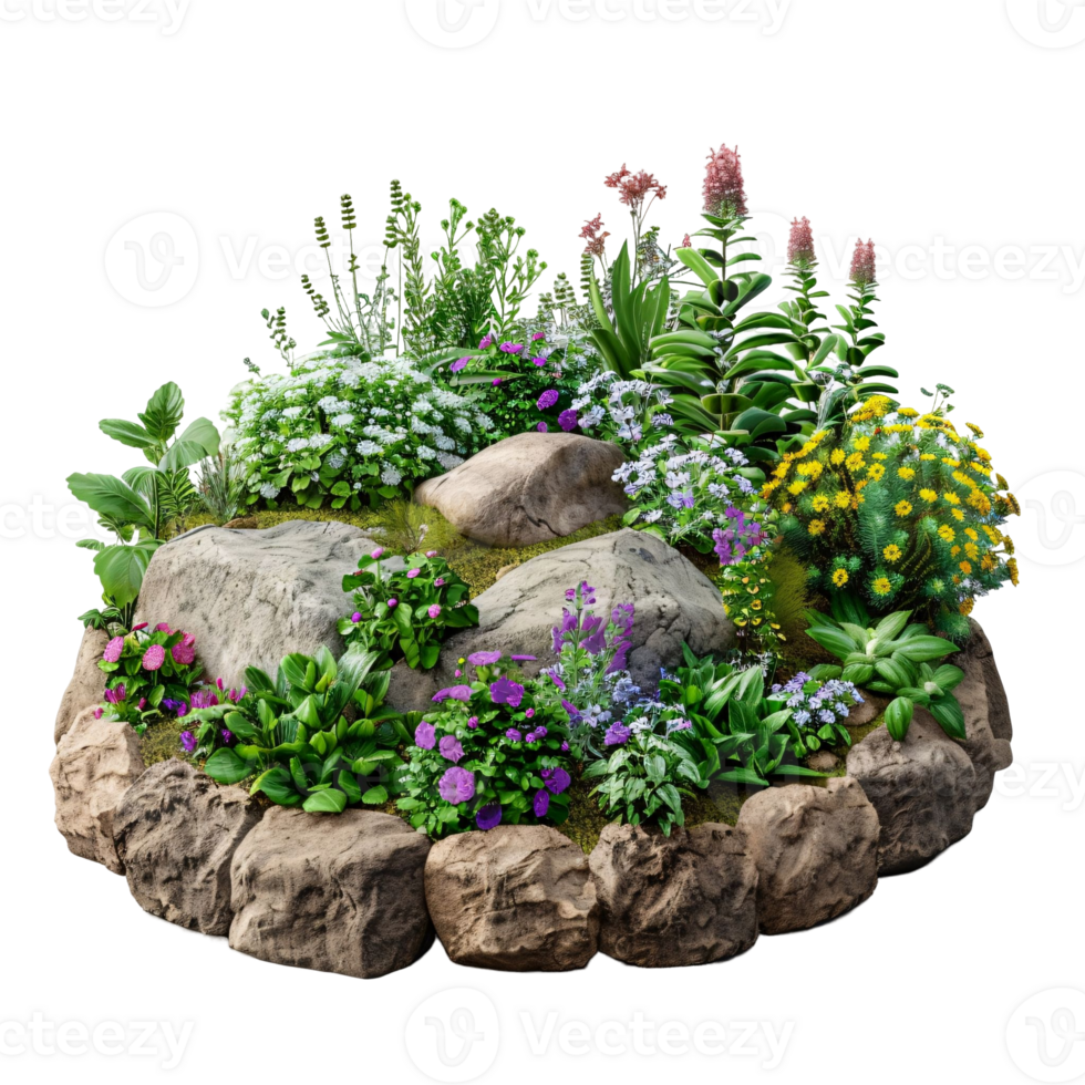 A colorful flower garden with a rock border png