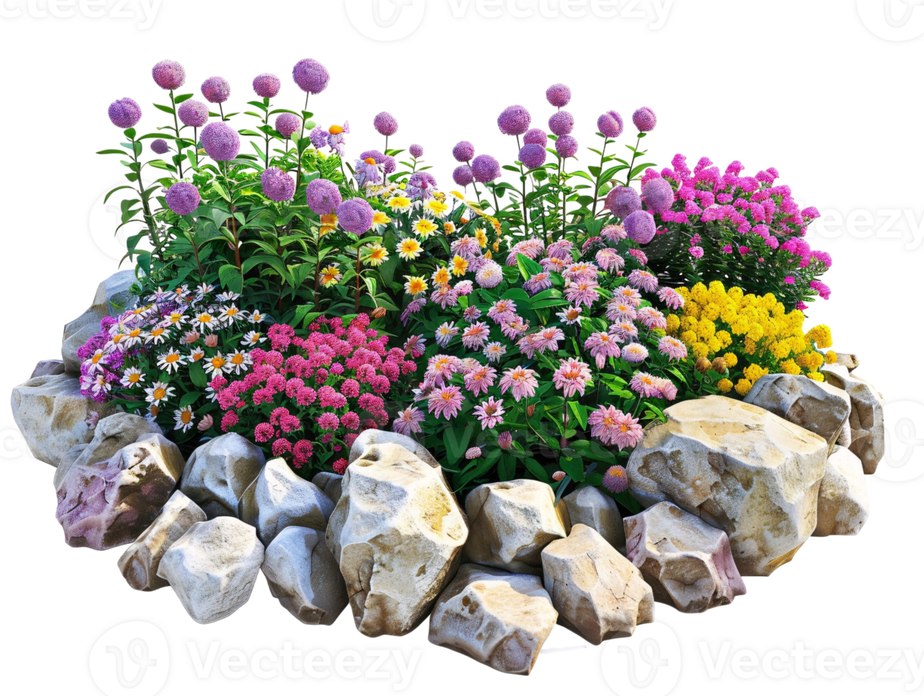 A colorful flower garden with a rock border png
