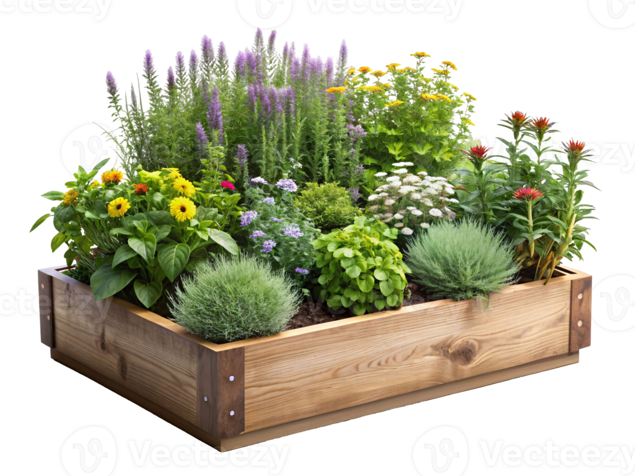 A wooden box filled with a variety of flowers and plants png