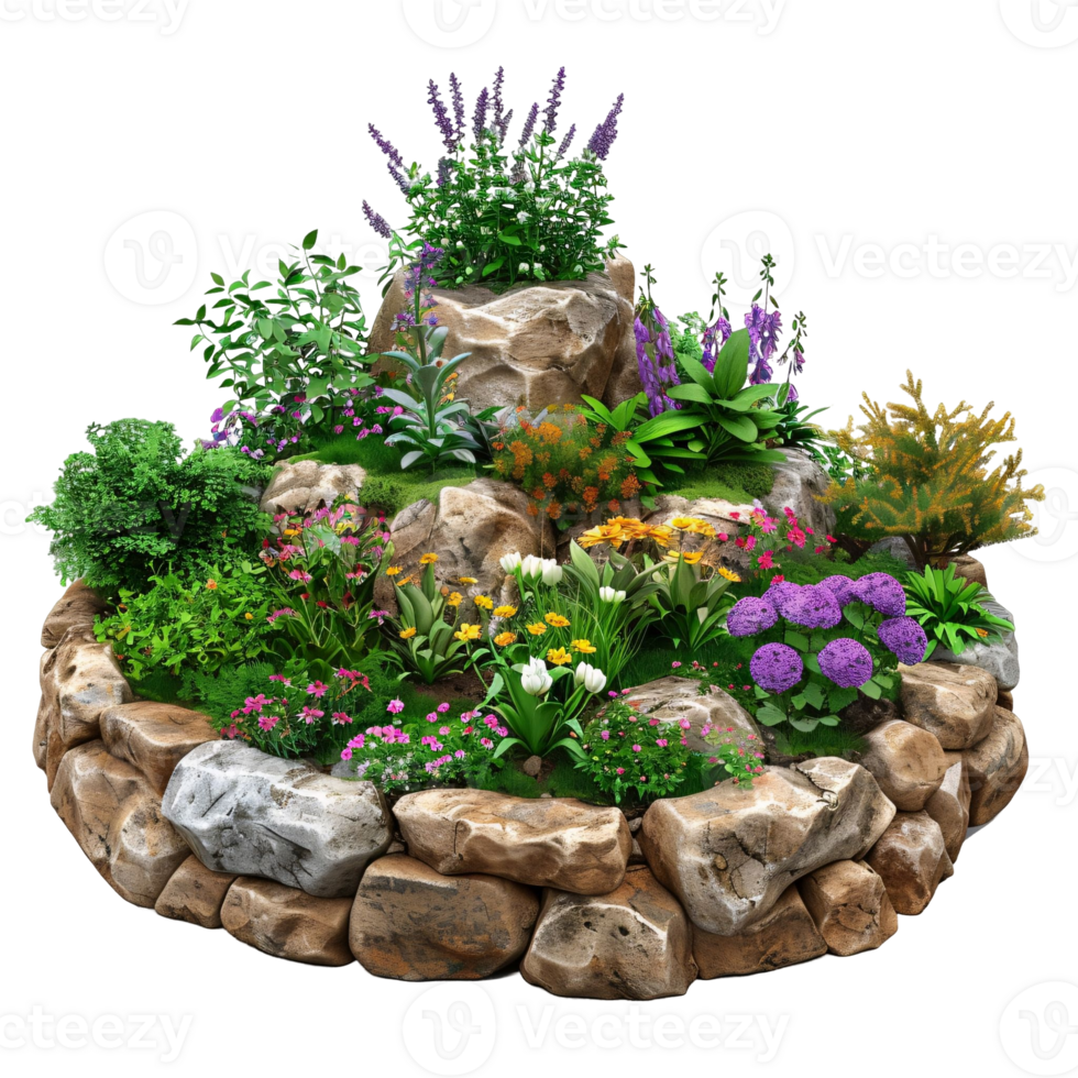 A colorful flower garden with a rock border png