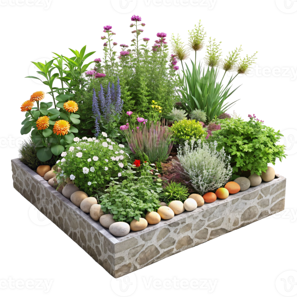 A garden with a variety of flowers and herbs, including lavender png