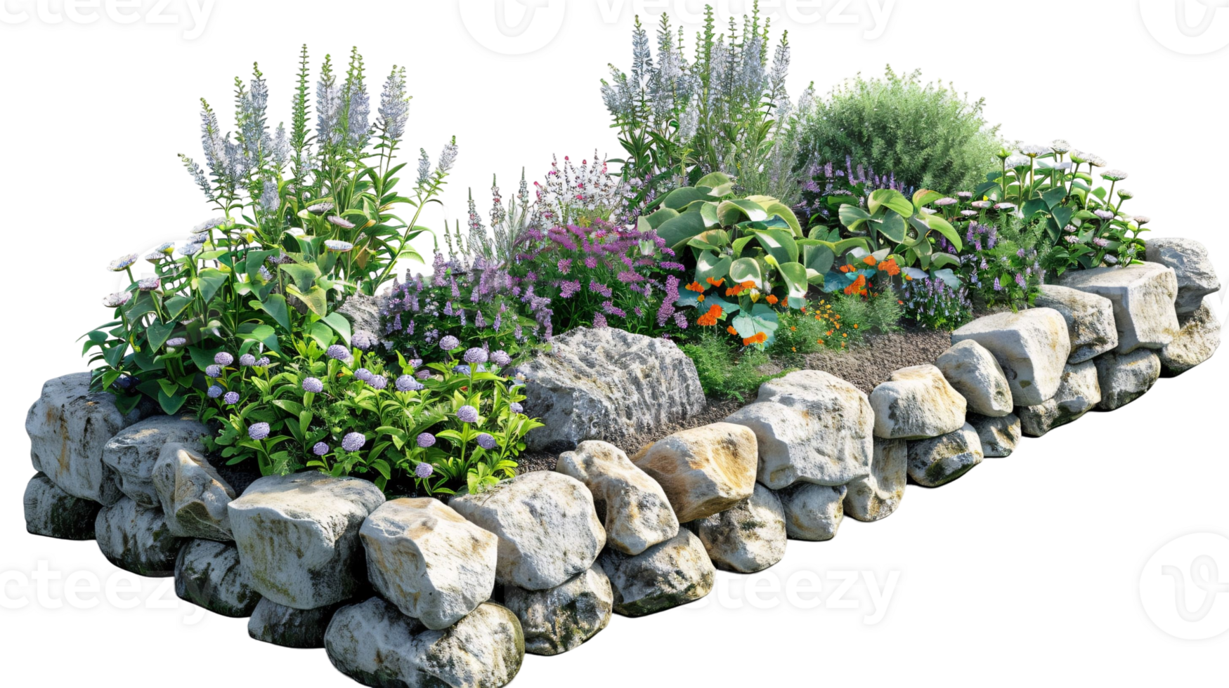 A colorful flower garden with a rock border png