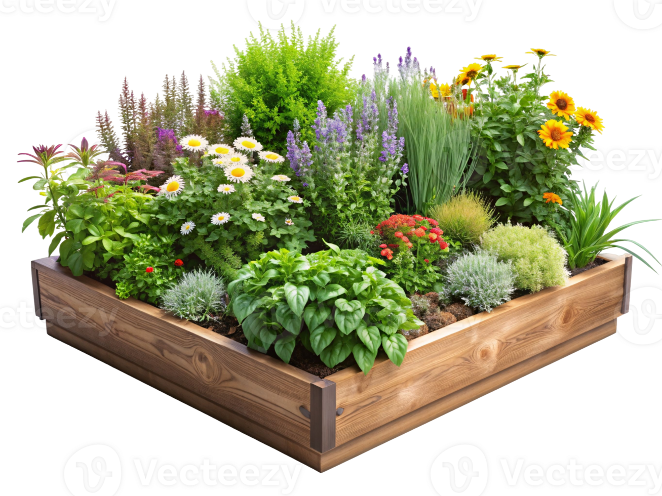 A wooden box filled with a variety of flowers and plants png