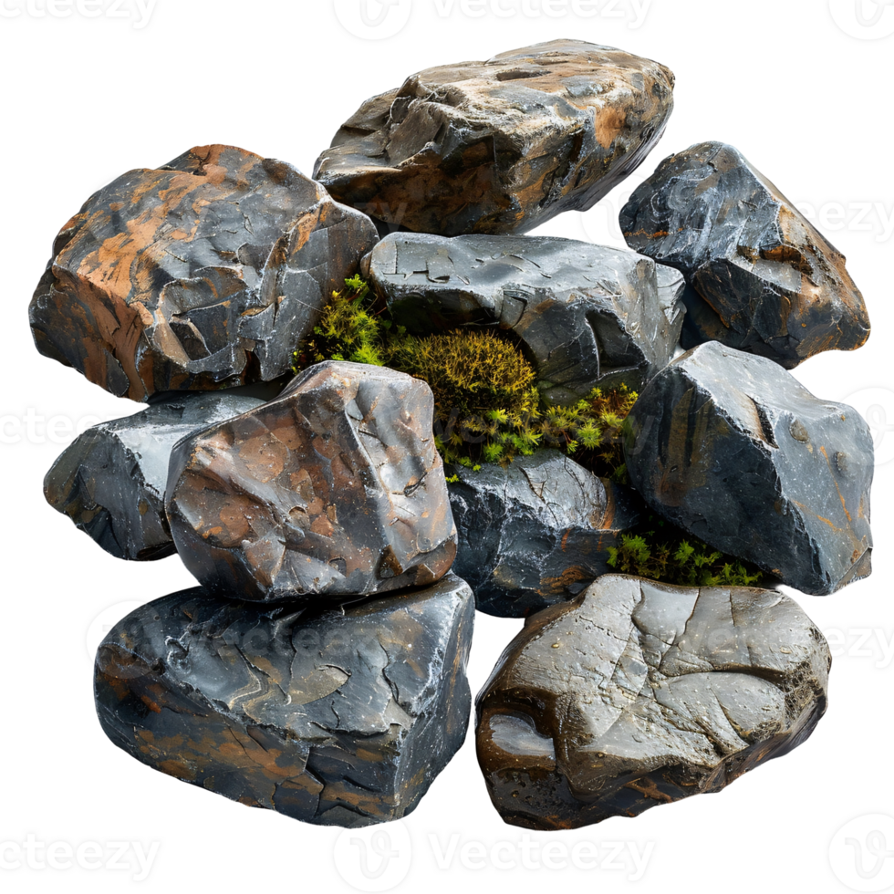 A bunch of rocks with a green moss growing on top of them png