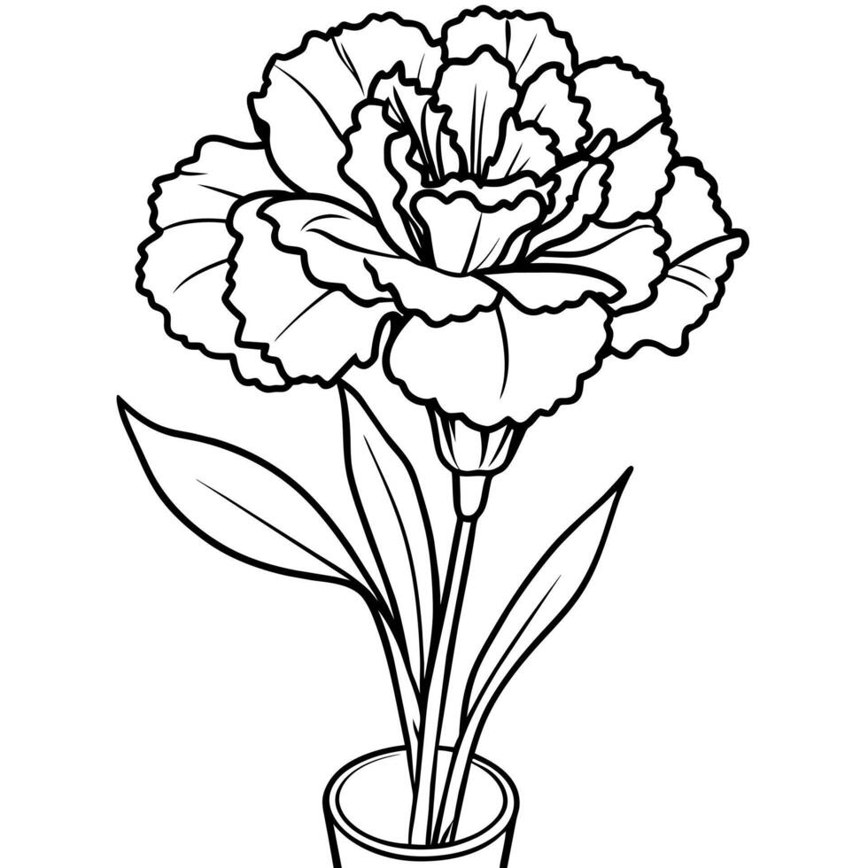 clavel flor en el florero contorno ilustración colorante libro página diseño, clavel flor en el florero negro y blanco línea Arte dibujo colorante libro paginas para niños y adultos vector