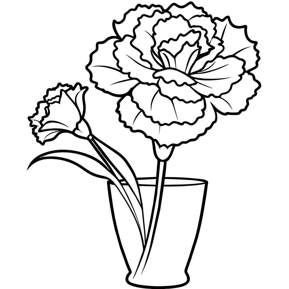 Carnation flower on the vase outline illustration coloring book page design, Carnation flower on the vase black and white line art drawing coloring book pages for children and adults vector