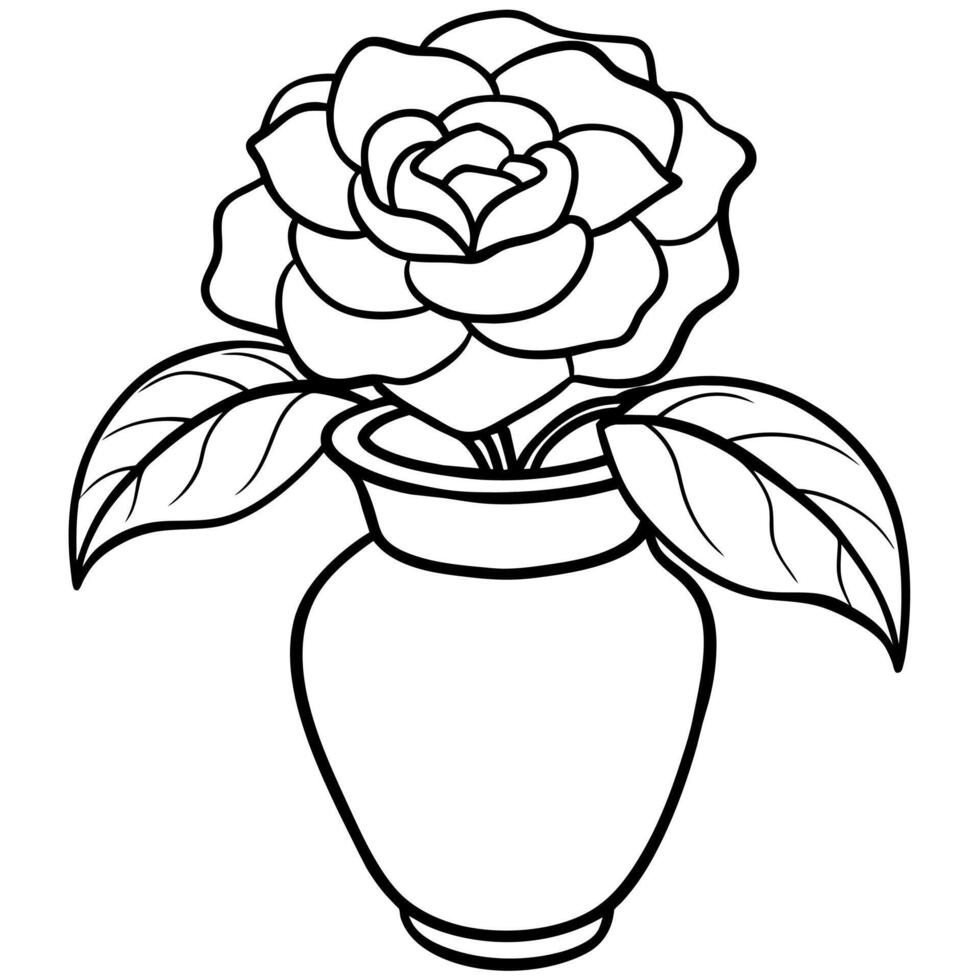 Camellia Flower on the vase outline illustration coloring book page design, Camellia Flower on the vase black and white line art drawing coloring book pages for children and adults vector