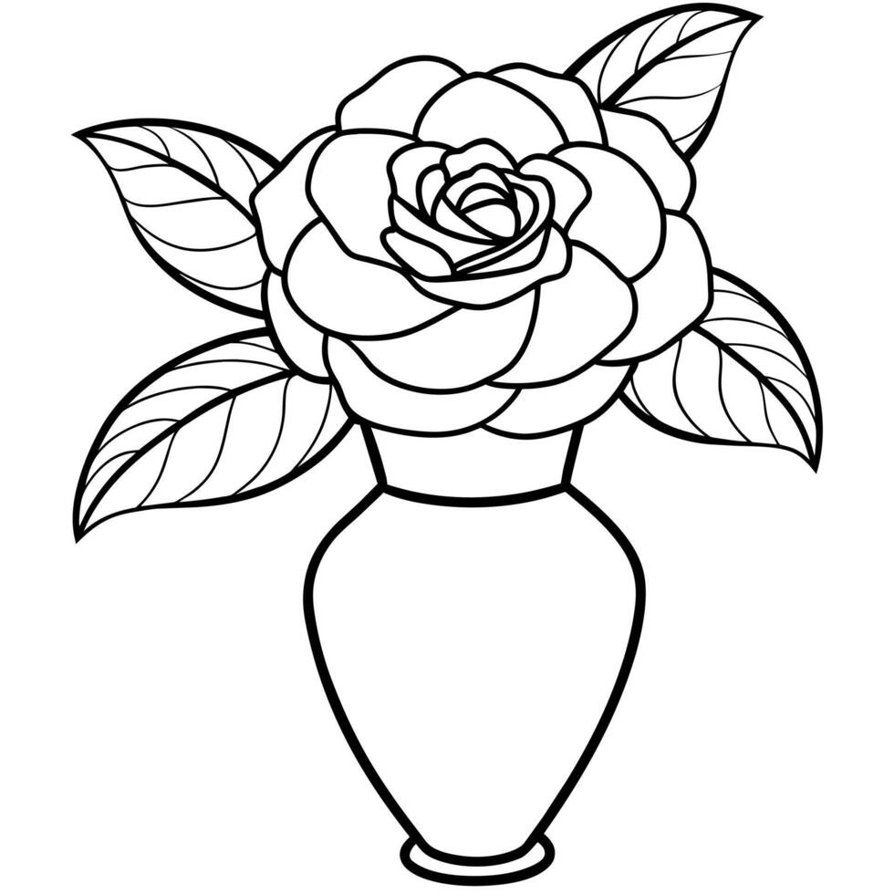 Camellia Flower on the vase outline illustration coloring book page design, Camellia Flower on the vase black and white line art drawing coloring book pages for children and adults vector