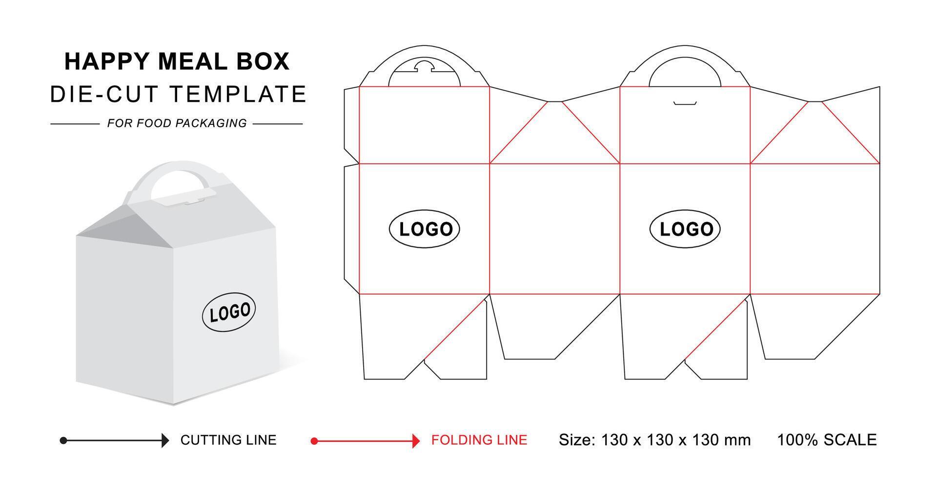 Happy meal box die cut template with 3D blank mockup for food packaging