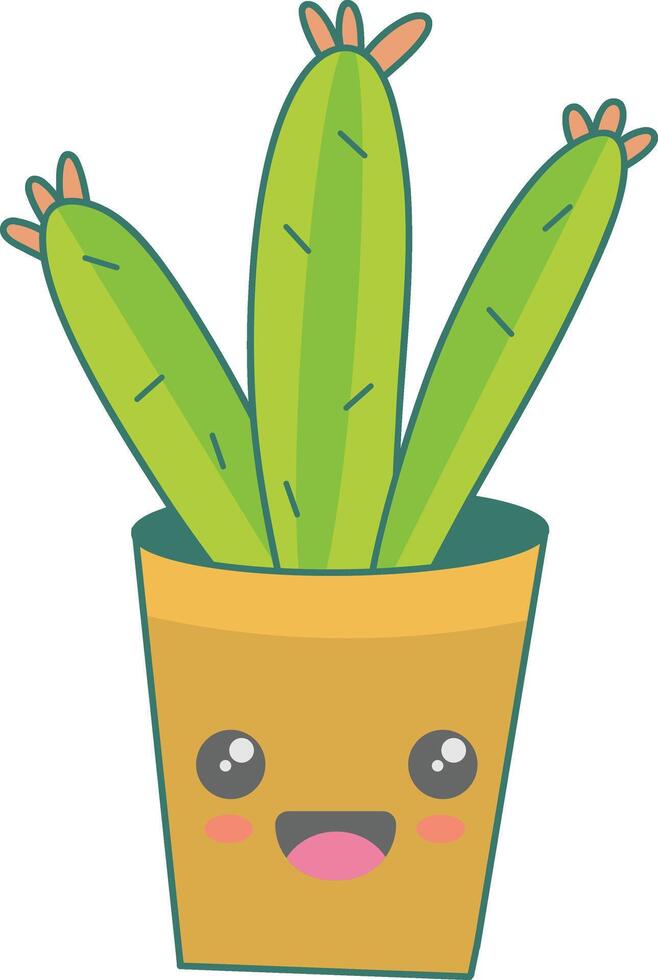 Kawaii Potted Cactus Character with Cute Cartoon Design. Illustration on White Background vector