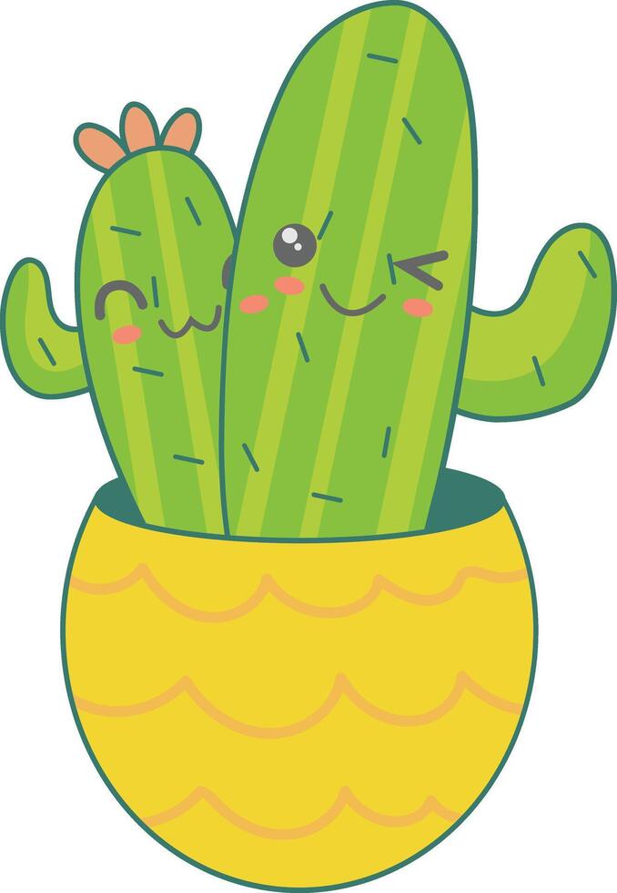 Kawaii Potted Cactus Character with Cute Cartoon Design. Illustration on White Background vector