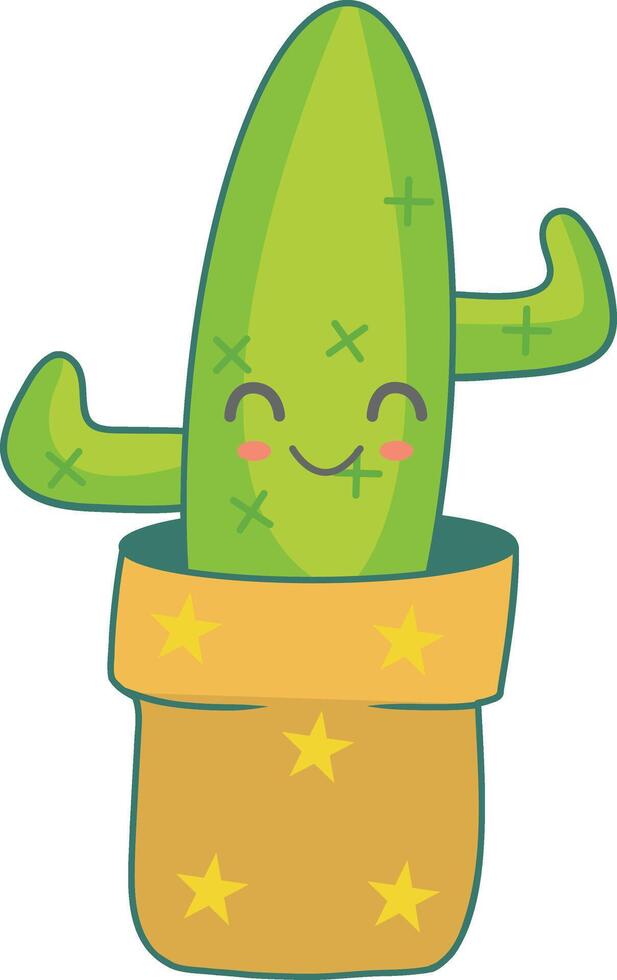 Kawaii Potted Cactus Character with Cute Cartoon Design. Illustration on White Background vector