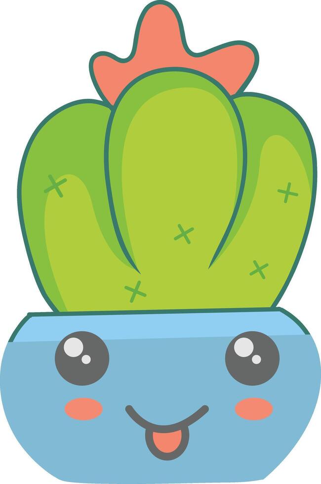 Kawaii Potted Cactus Character with Cute Cartoon Design. Illustration on White Background vector