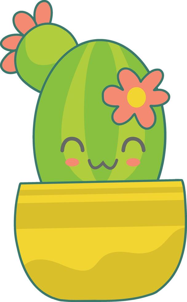 Kawaii Potted Cactus Character with Cute Cartoon Design. Illustration on White Background vector