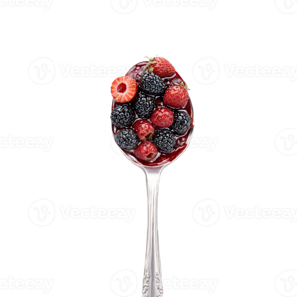 Three berry jam swirl vibrant red and seeded twirling off a spoon with strawberries raspberries png