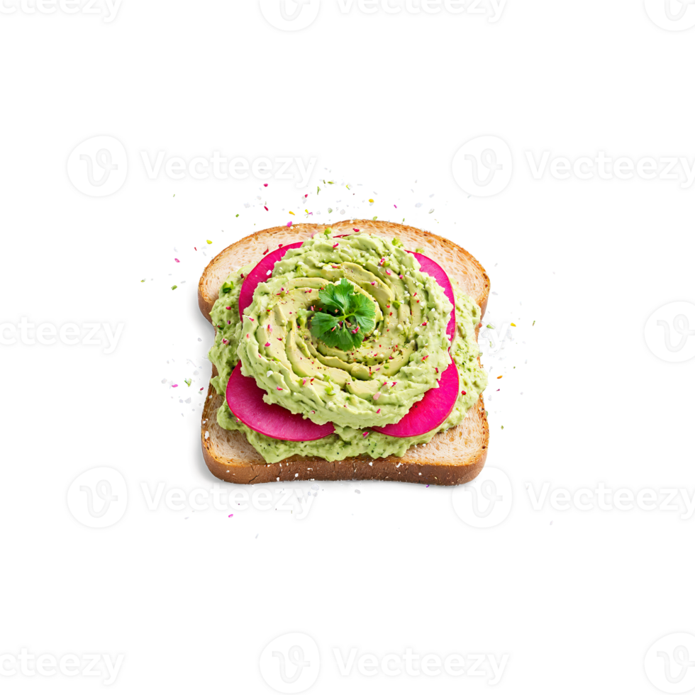 Smashed avocado toast mashed avocado spread on golden toast topped with sliced radishes and a png
