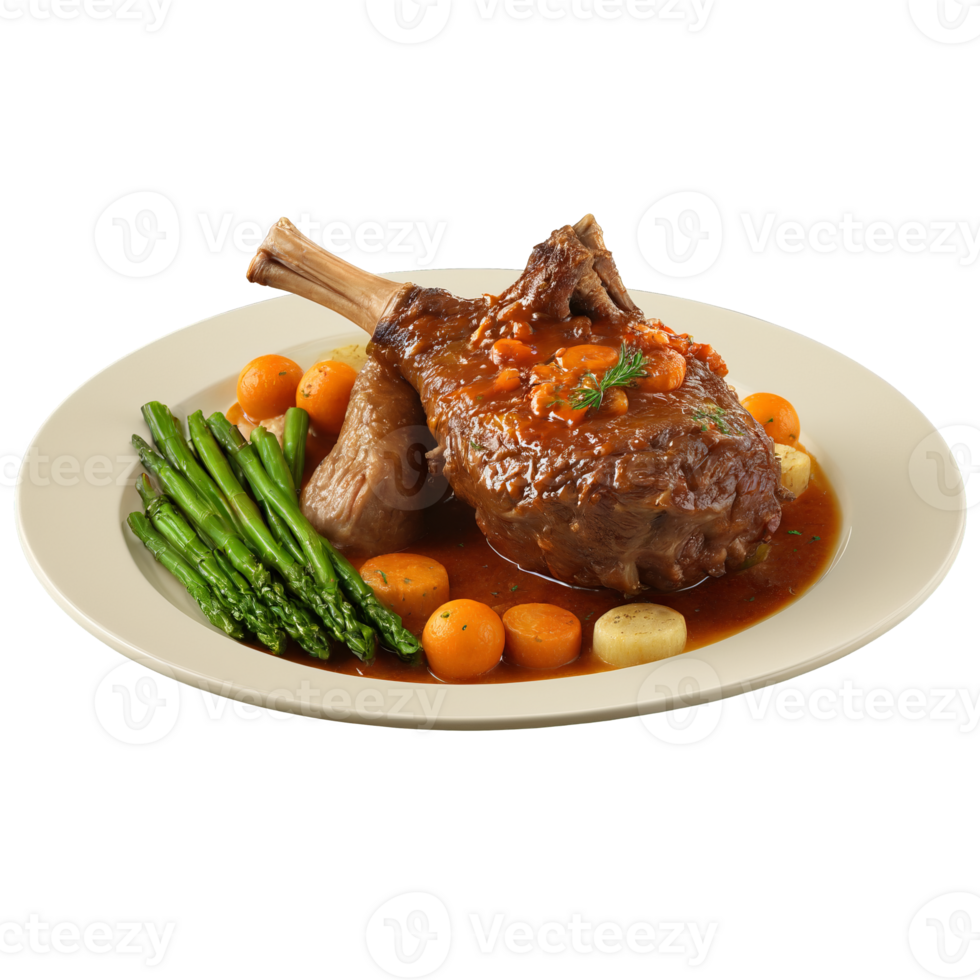Lamb shank braised until fork tender natural jus pooling Food and Culinary concept png