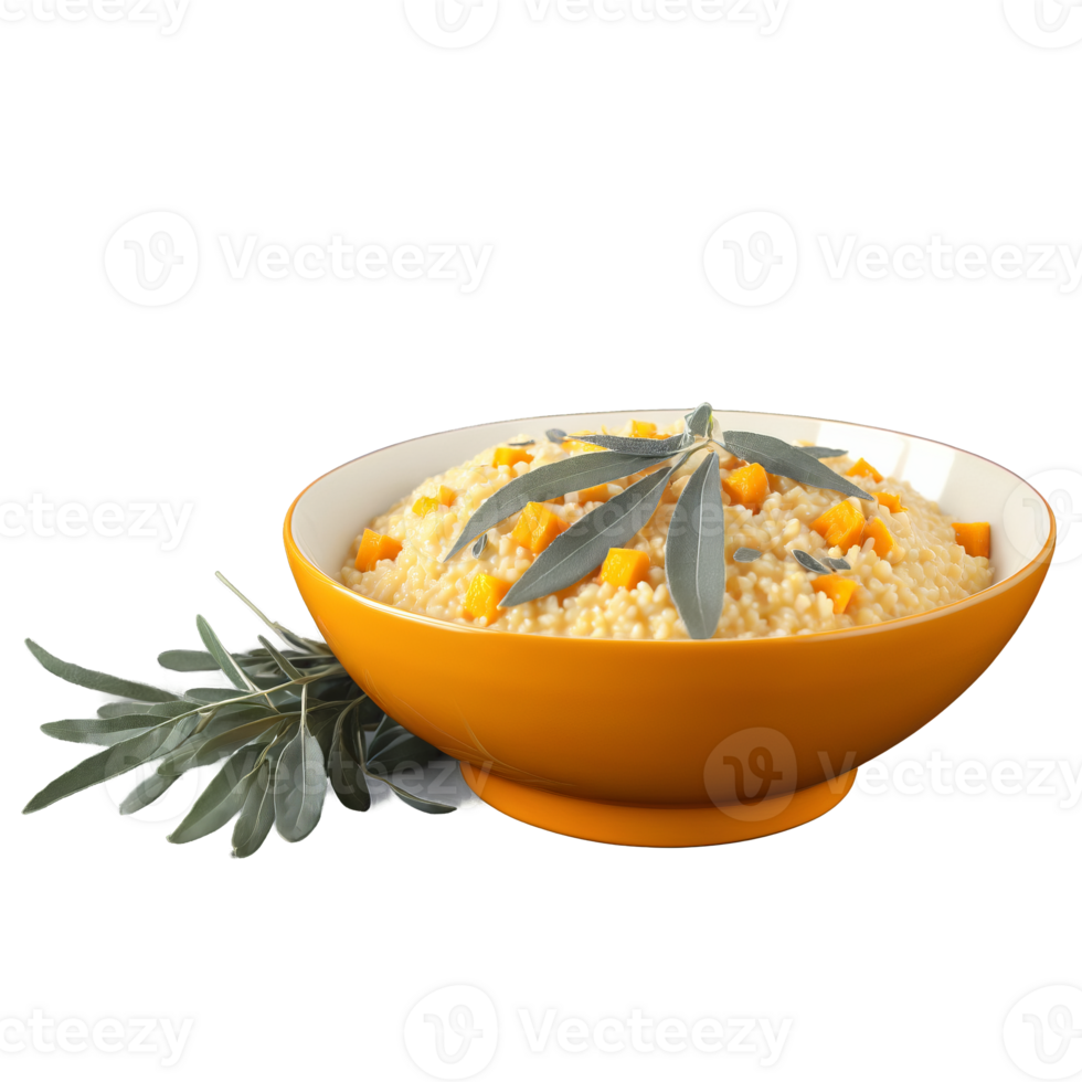 Creamy butternut squash risotto parmesan cheese sage leaves nutmeg served in a bowl Culinary and png