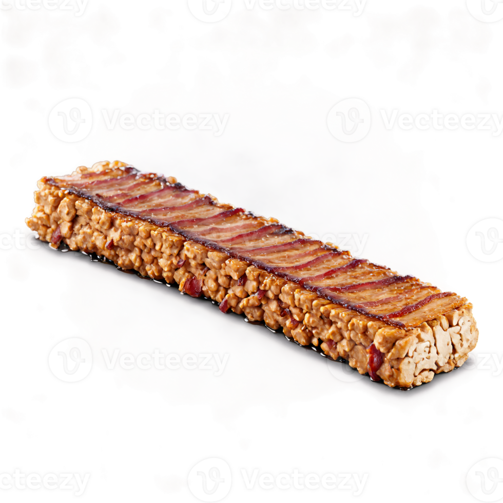 Tempeh bacon strips crispy and smoky sizzling and curling with a misty spray of maple png