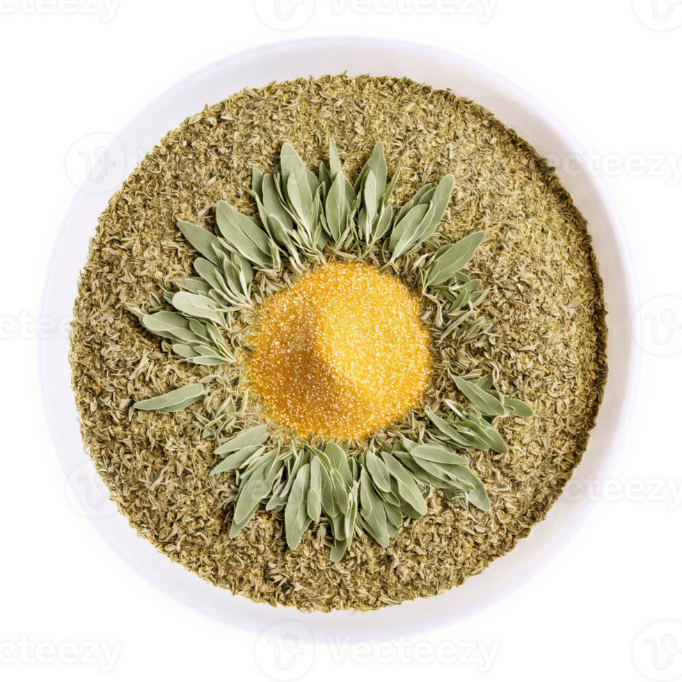 Poultry seasoning spices mandala an arrangement of sage thyme and marjoram with powder dusting png
