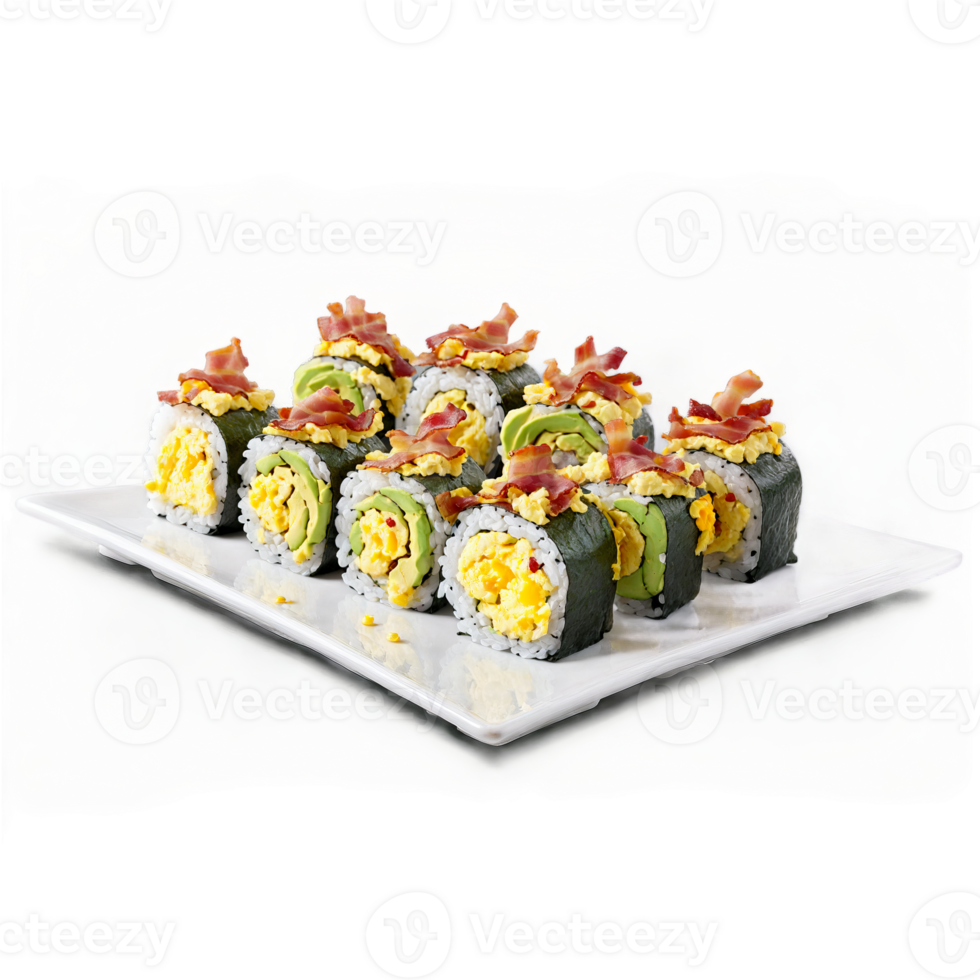 Breakfast sushi bites bite sized sushi rolls filled with scrambled eggs crispy bacon and avocado png