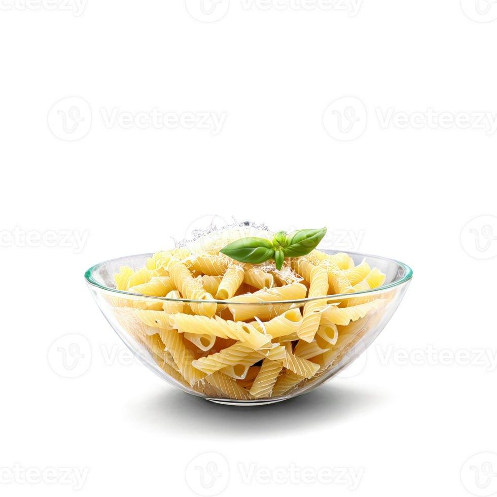 A delicious and creamy pasta dish in a tall, slender glass bowl, garnished with grated Parmesan cheese an png