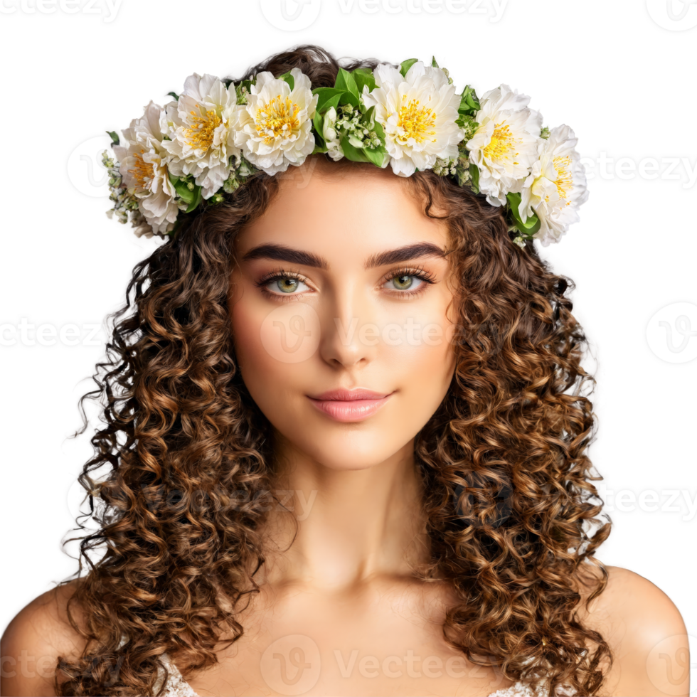 A beautiful woman with long curly hair adorned with a delicate flower crown her dreamy png