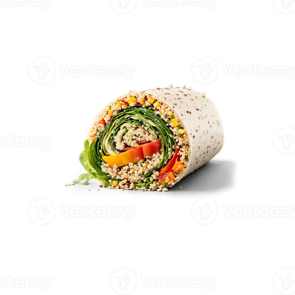 Quinoa veggie wrap colorful and tightly rolled slicing apart with quinoa grains and vegetables spilling png