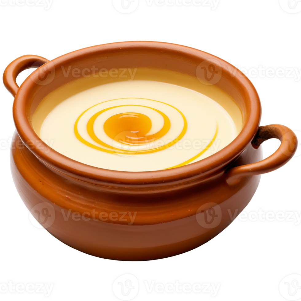 Creamy buffalo milk in a traditional clay pot topped with a swirl of honey and png