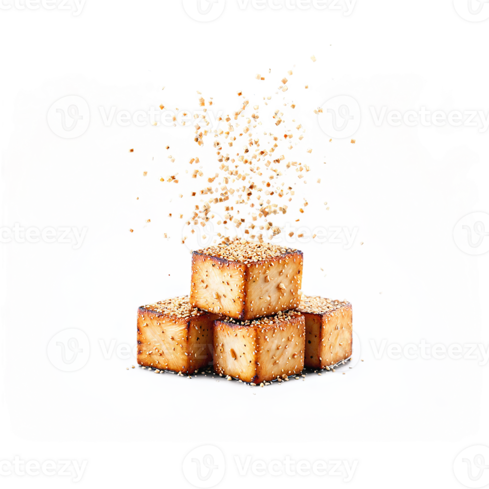 Baked tofu cubes crispy and marinated tumbling and bouncing with sesame seeds falling png