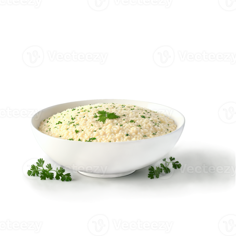 Creamy risotto parmesan cheese butter parsley served in a shallow bowl Culinary and Food concept png