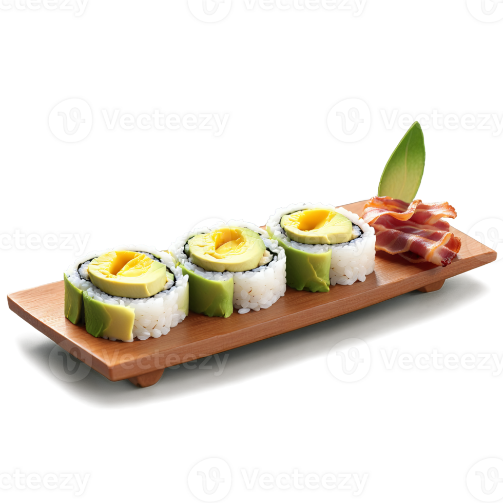 Breakfast sushi rolls with sushi rice wrapped around scrambled eggs crispy bacon and avocado served png