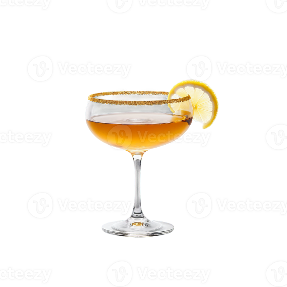 Sidecar glass short and stemmed housing a rich amber hued cognac Cointreau and lemon cocktail png