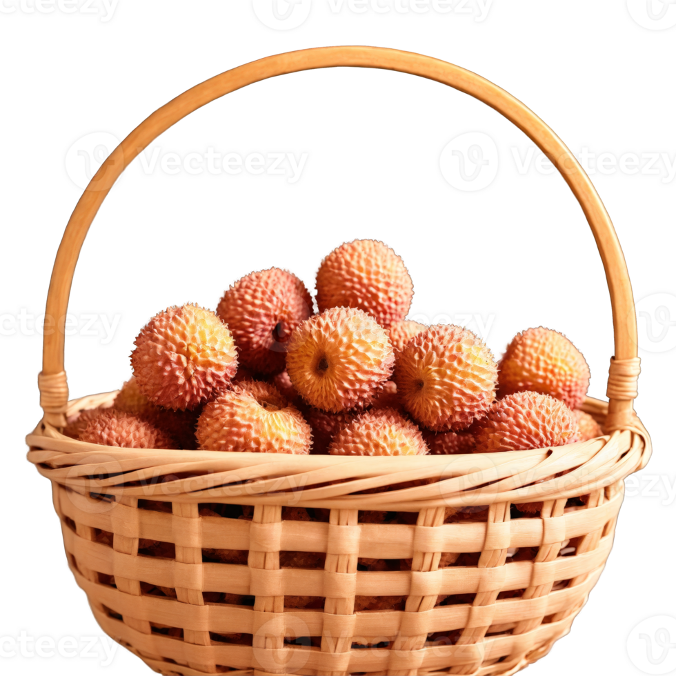 Dried lychee fruits in a delicate wicker basket pale pink with a delicate texture png