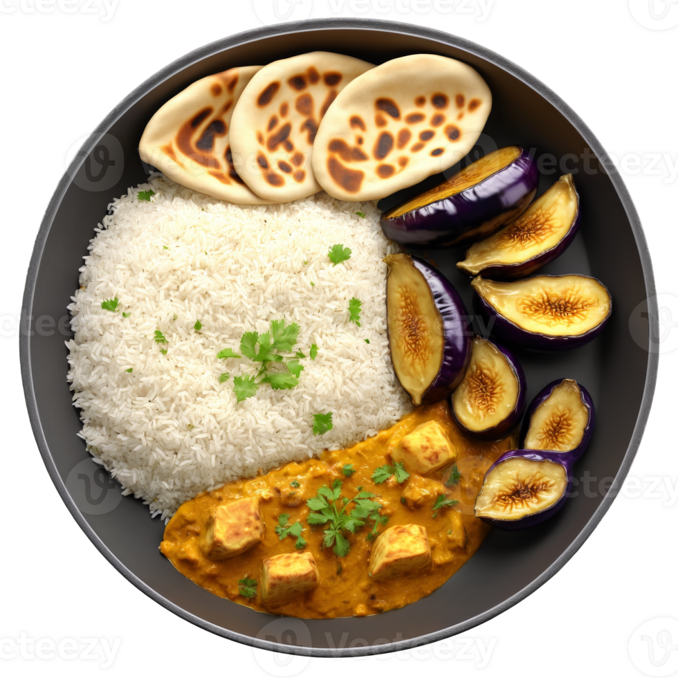 Aromatic curry bowl with tender goat basmati rice roasted eggplant and naan bread served in png