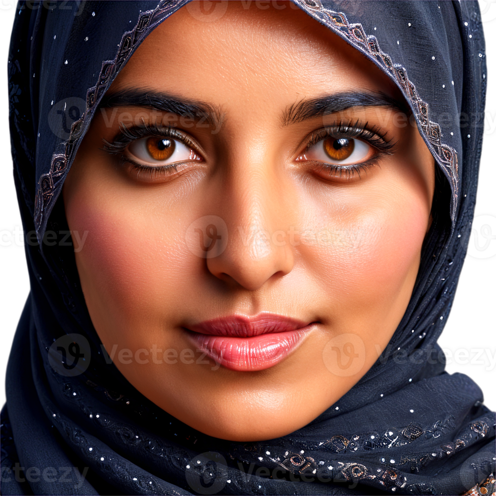 meio envelhecido meio Oriental mulher com hijab e kohl forrado olhos adorável face apertando os olhos olhos transparentes. essência do diverso feminilidade. png