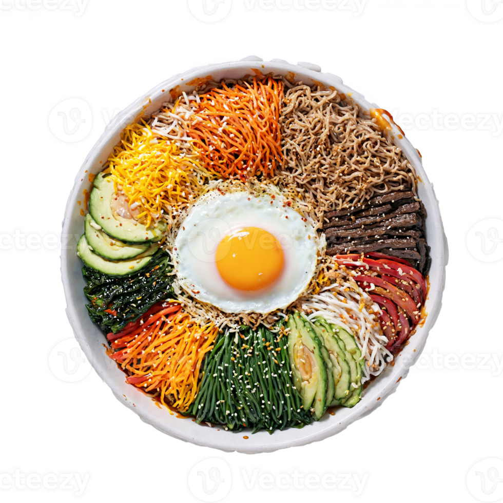 Breakfast bibimbap mandala a circular pattern of colorful breakfast bibimbap with vegetables and egg yolk png