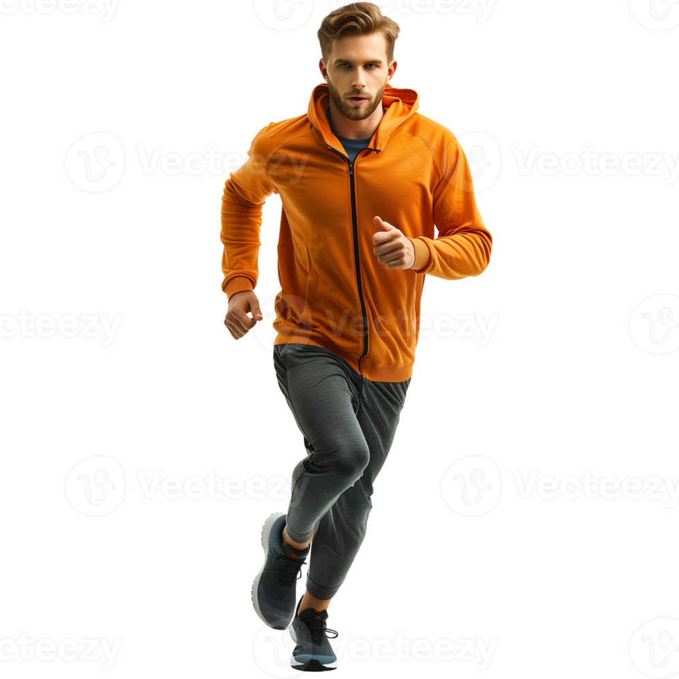 Athletic man in casual clothing running on transparent background png