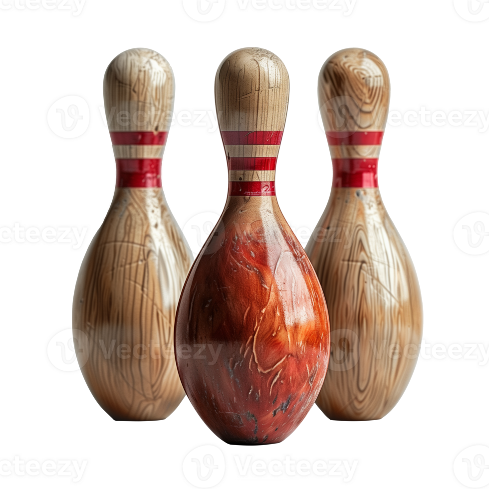 Three wooden bowling pins with red stripes png