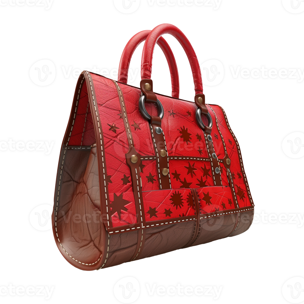 Red leather satchel with autumn leaf pattern on transparent background png