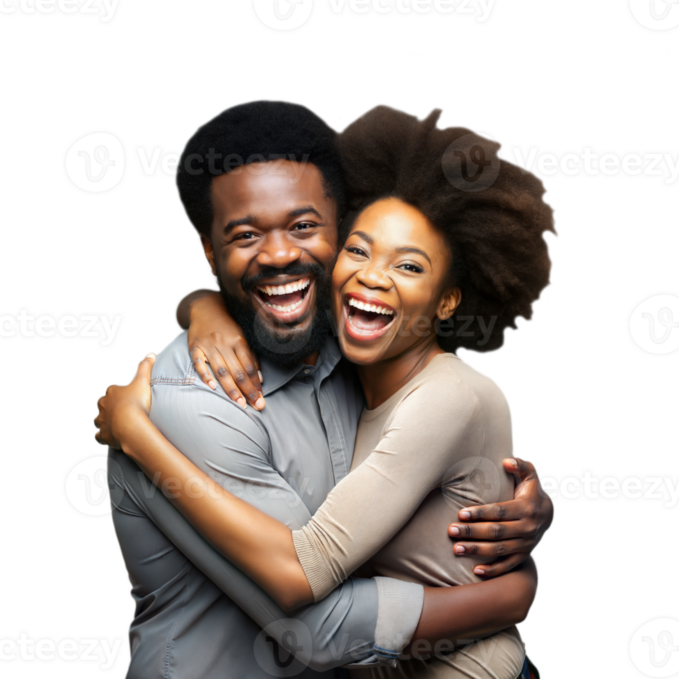 Cheerful couple embracing with joyful expressions on transparent background png