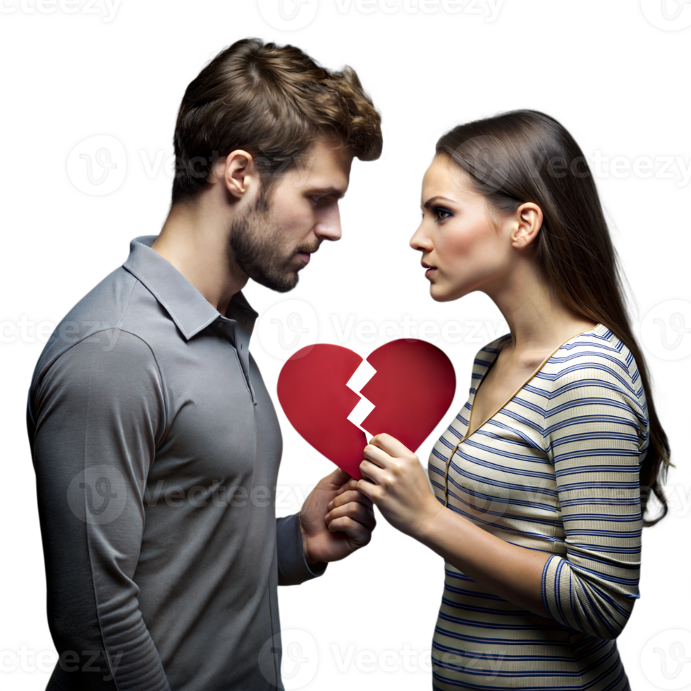 Couple holding broken heart signifying end of relationship png