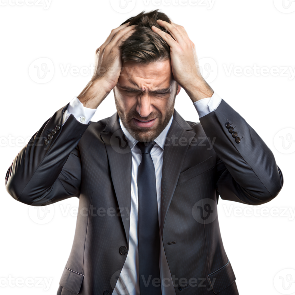 Frustrated businessman on transparent background holding his head in despair png