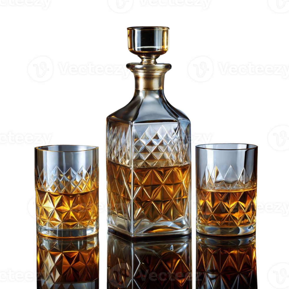 Crystal whiskey decanter set with filled glasses on transparent background png