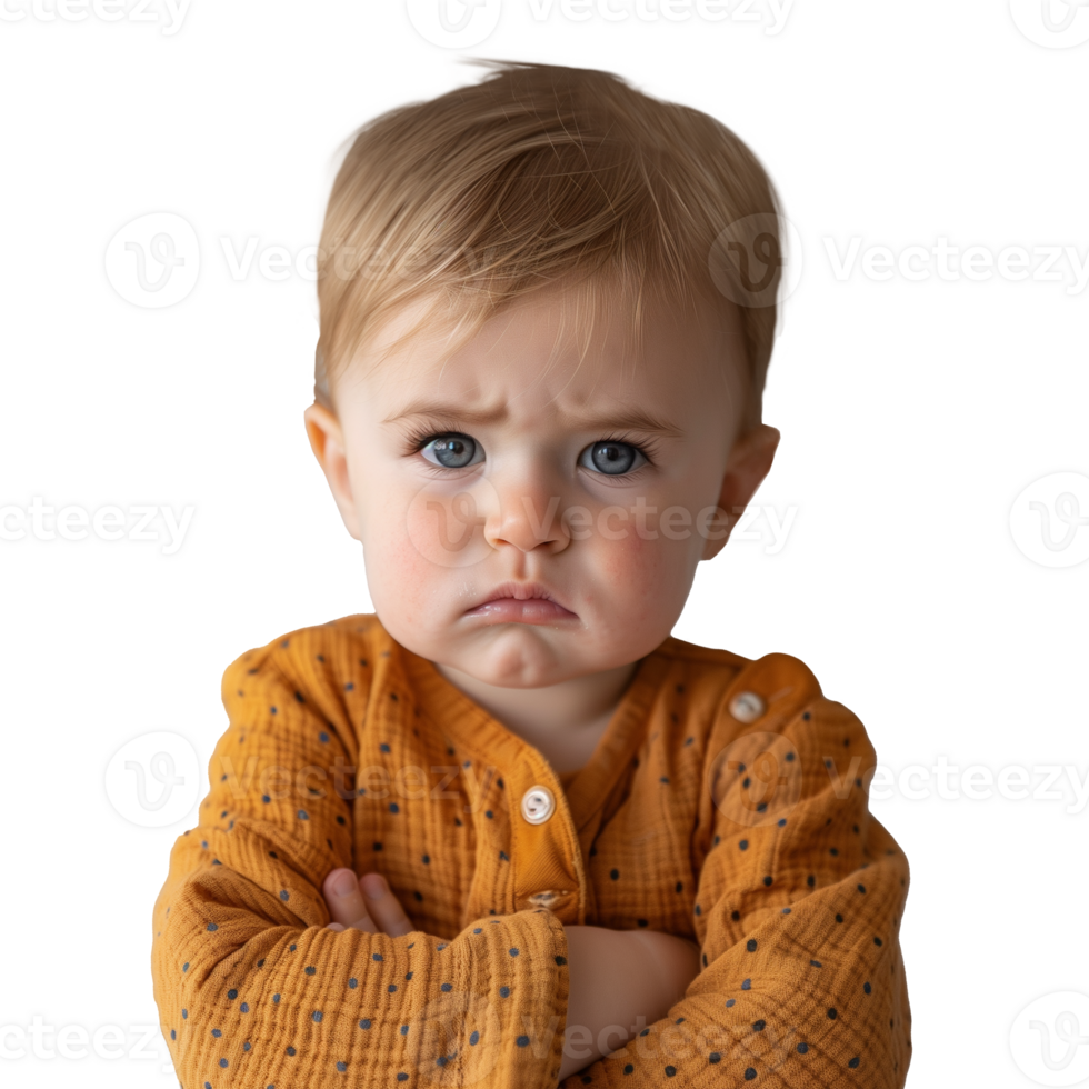 Pensive toddler with folded arms on transparent background png