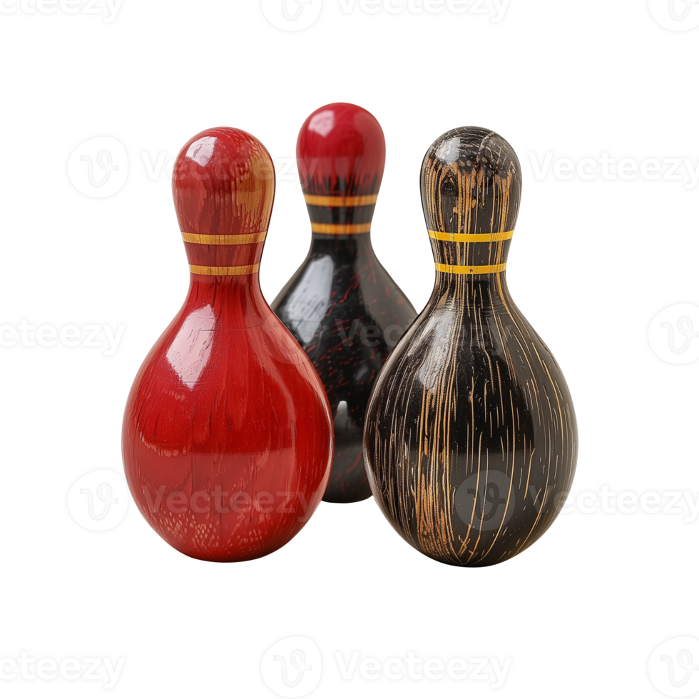 Trio of glossy bowling pins on transparent background png