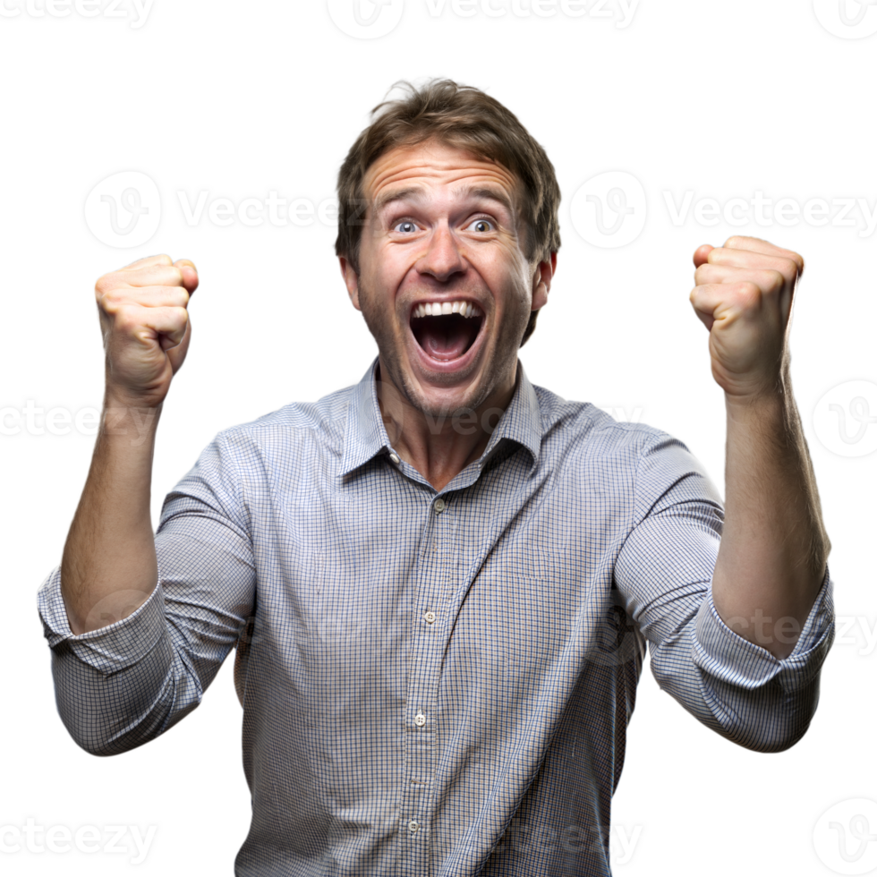 Excited man celebrating victory with raised fists png